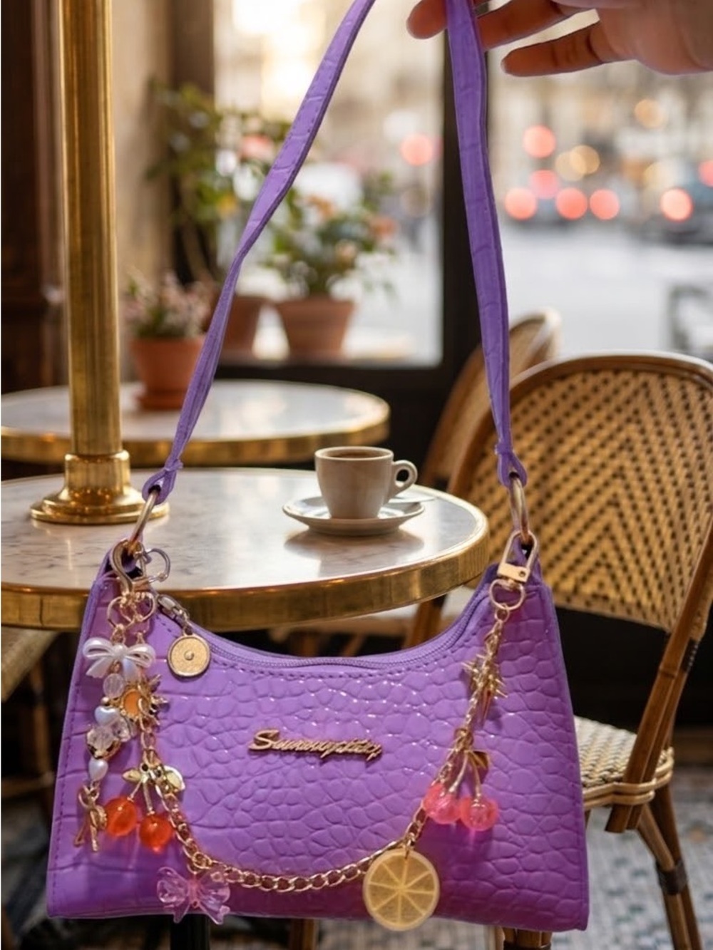 Chic Purple Shoulder Bag with Gold Charm Chain